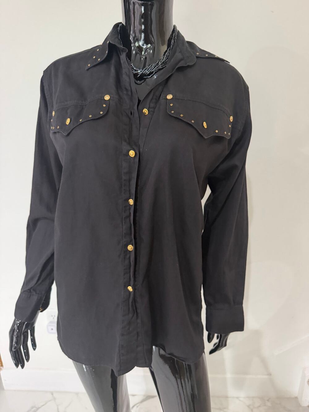 Versace Jeans Couture Black Gold Studded Medusa Button Shirt Size S